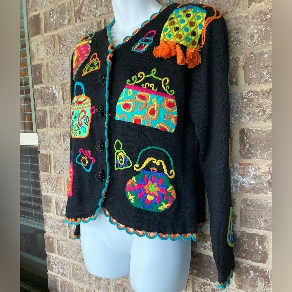 Vintage 1994 Michael Simon multi color crochet patch sweater Size S Purses - Picture 2 of 16